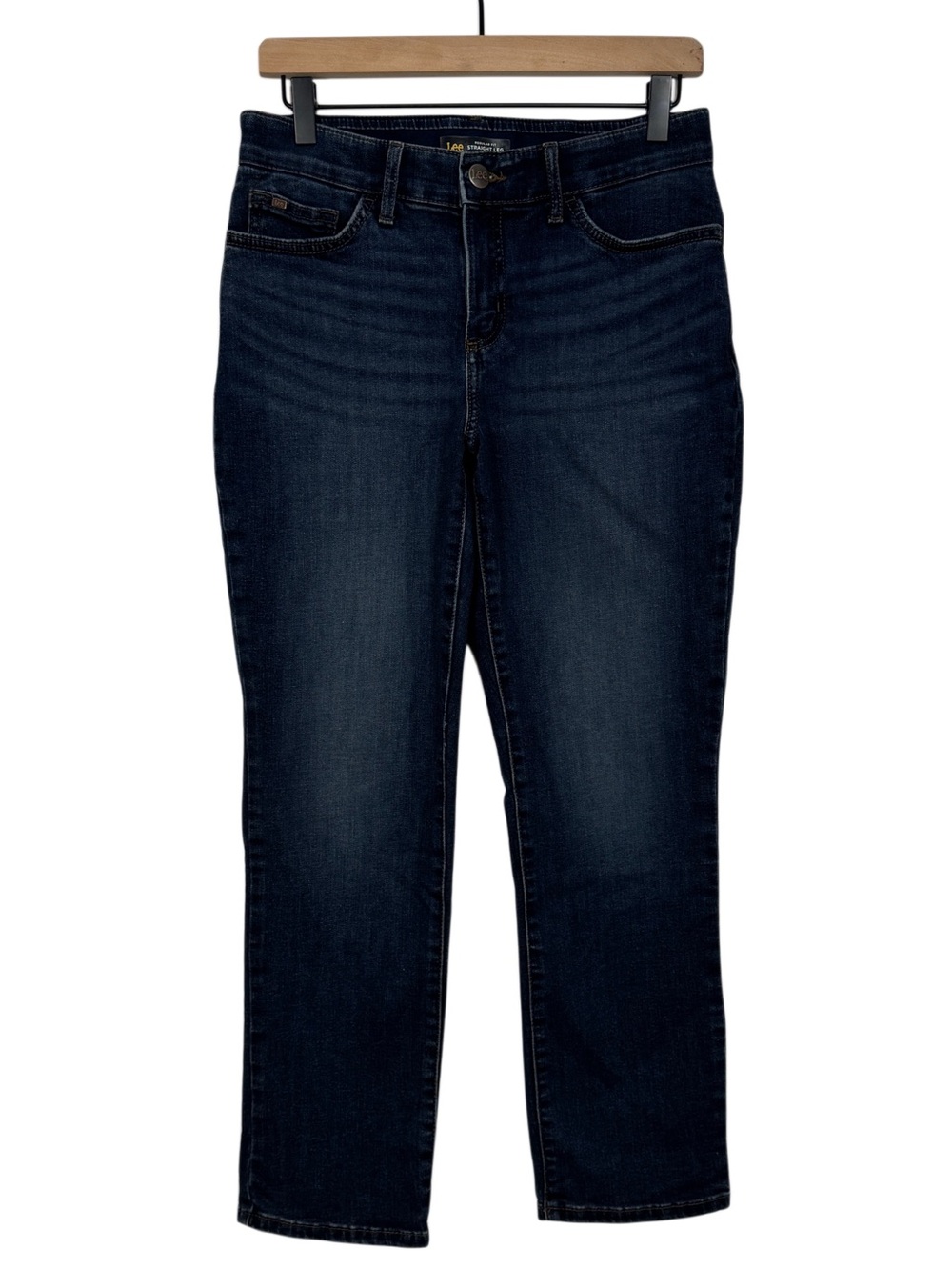 WJ525 {Lee} "Regular Fit Straight Leg Mid Rise" Short Dark Blue Denim Jeans
